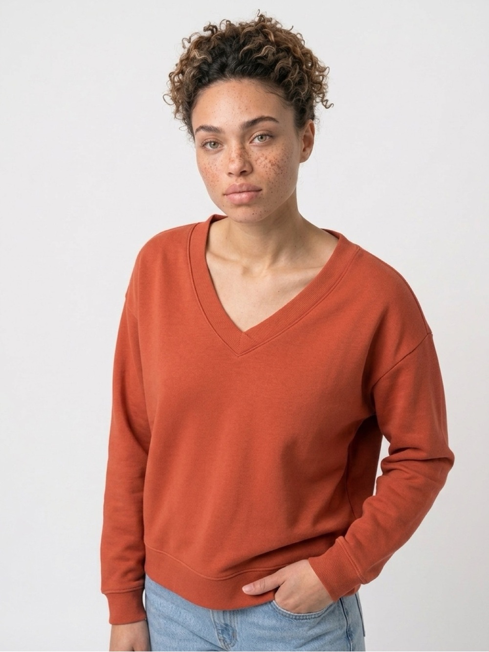 PACT Organic Cotton Blend Terracotta orange Calla V‎ Neck Sweater size XL